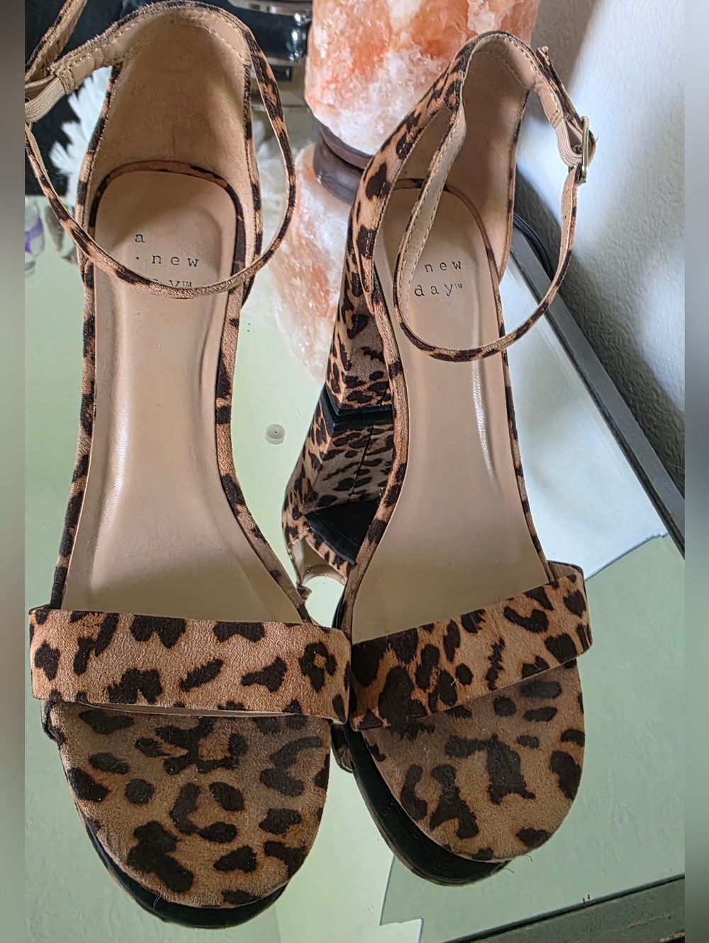a new day Leopard Print Ankle Strap Block Heel Sandals - Tan/Black